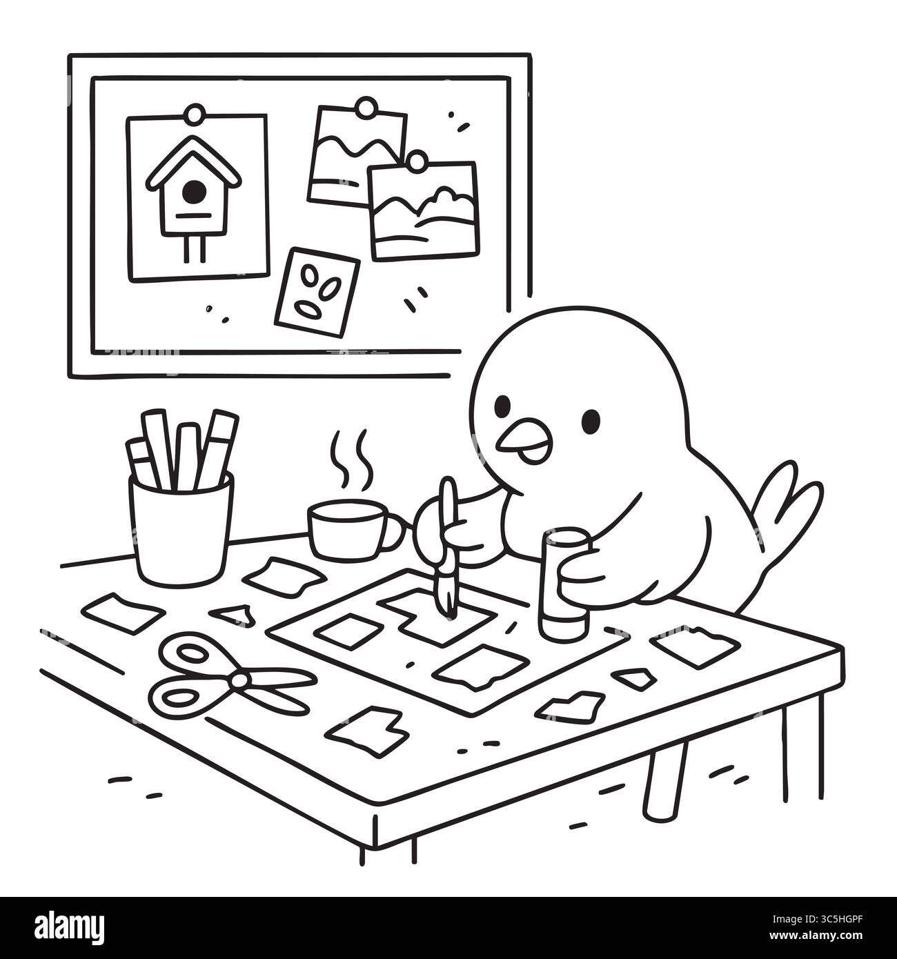 Simpatico collage di uccelli con pezzi di carta che colorano la pagina Illustrazione Vettoriale