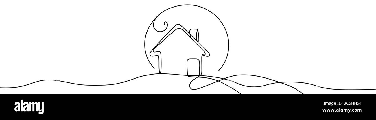 Casa nera sotto la luna in stile artistico a linea singola. Disegno minimalista modificabile Illustrazione Vettoriale
