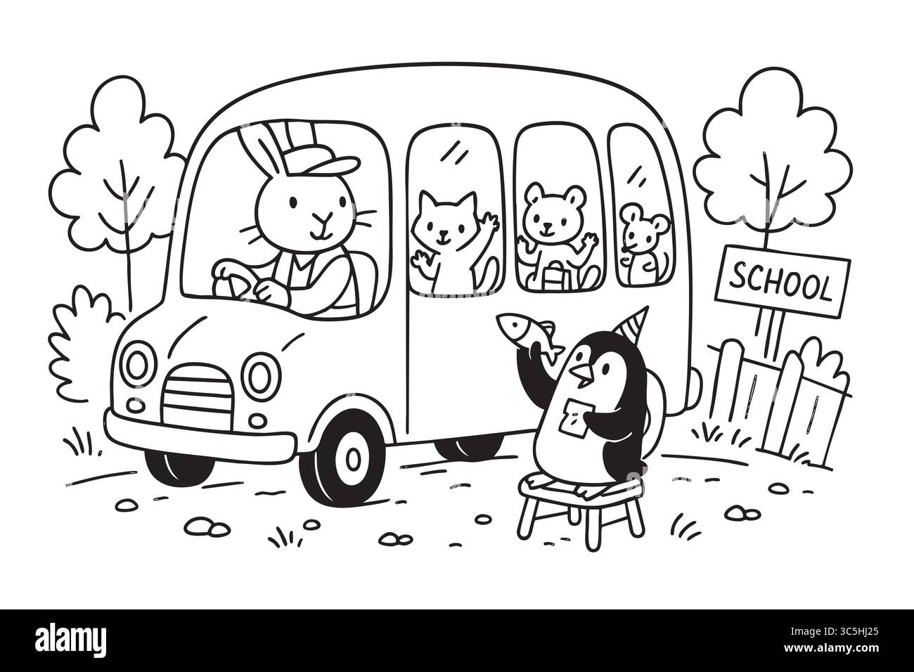Scuolabus con animali carini e pagine da colorare per pinguini Illustrazione Vettoriale