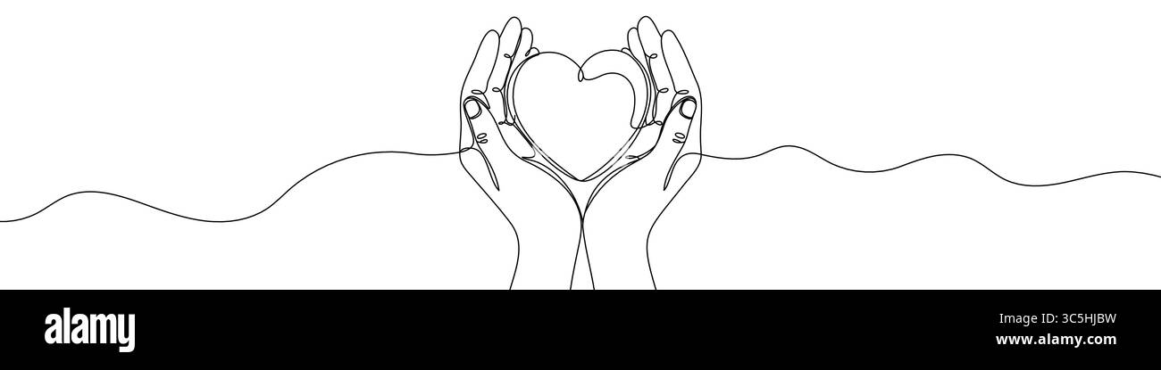 Mani nere che reggono un cuore in stile art su una linea. Mani che trattengono il disegno cardiaco con un tratto modificabile Illustrazione Vettoriale