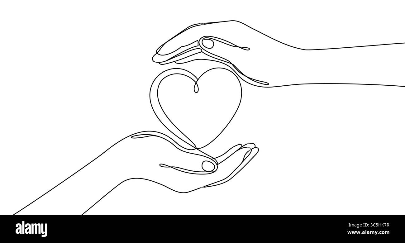 Mani nere che passano un cuore in uno stile artistico su una linea. Disegno manuale con tratto modificabile su sfondo bianco. Illustrazione vettoriale. Illustrazione Vettoriale