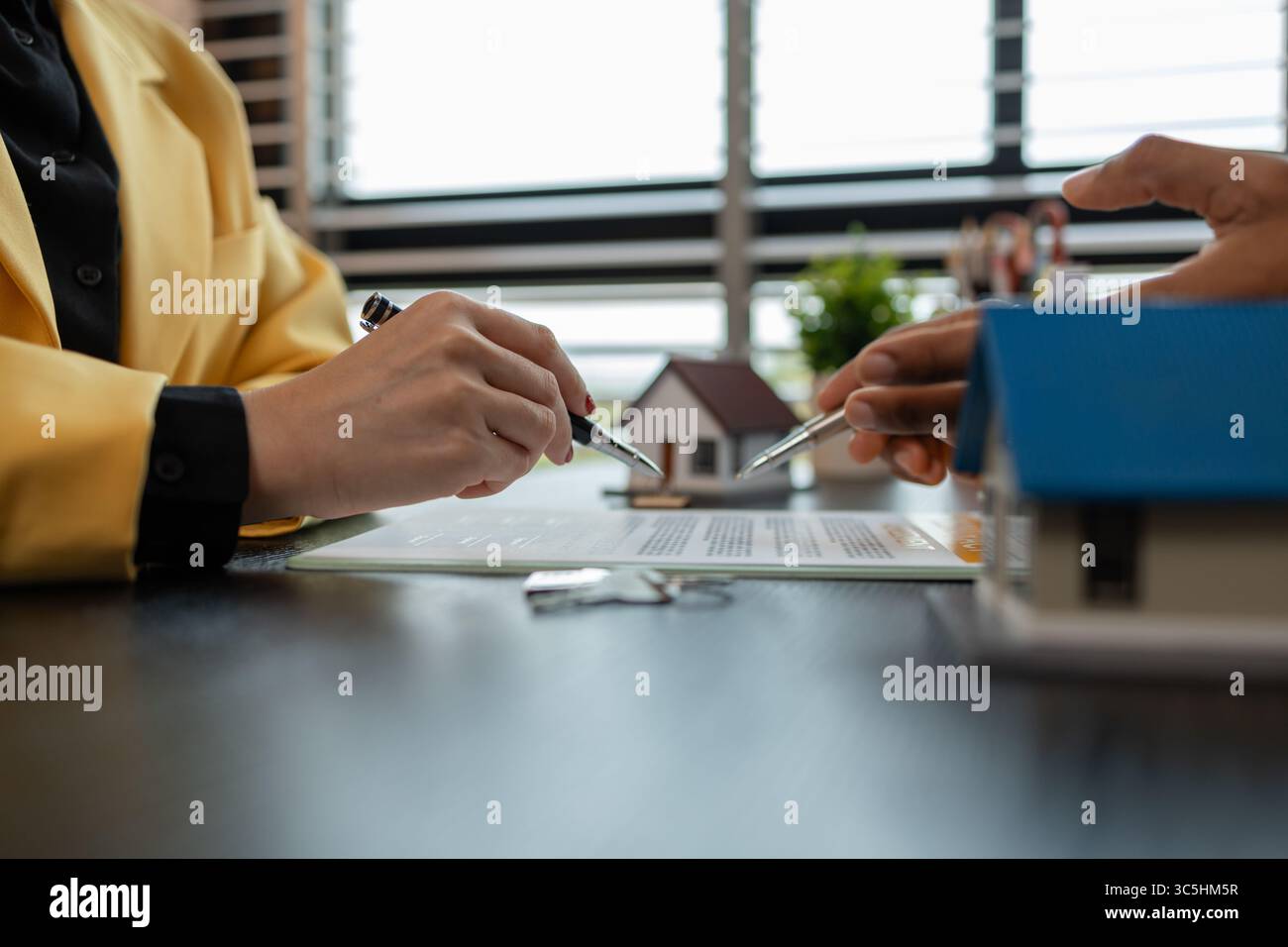 un agente immobiliare sta spiegando i dettagli di un contratto di acquisto di una casa a un acquirente, gli sta dicendo che si tratta di un investimento, di un bene immobile, Foto Stock