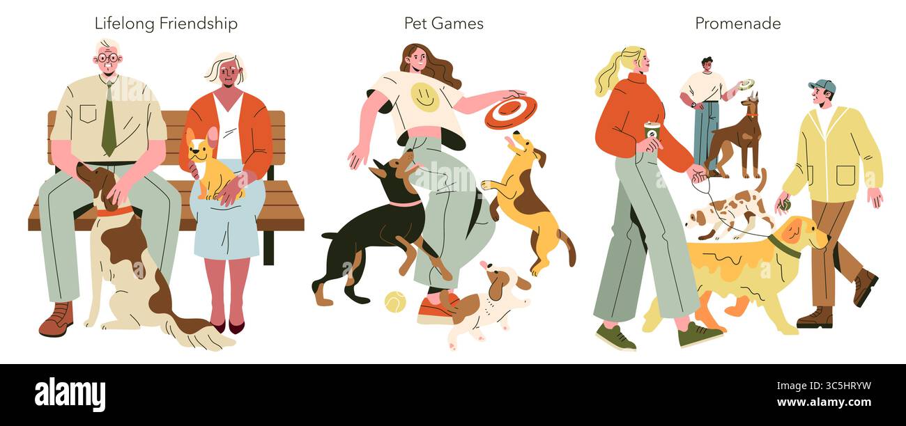 Illustrazione vettoriale di tre scene: Una coppia anziana seduta su una panchina con cani, una giovane che gioca con i cani e un gruppo di cani che cammina. Cattura le gioiose interazioni uomo-animale. Illustrazione Vettoriale