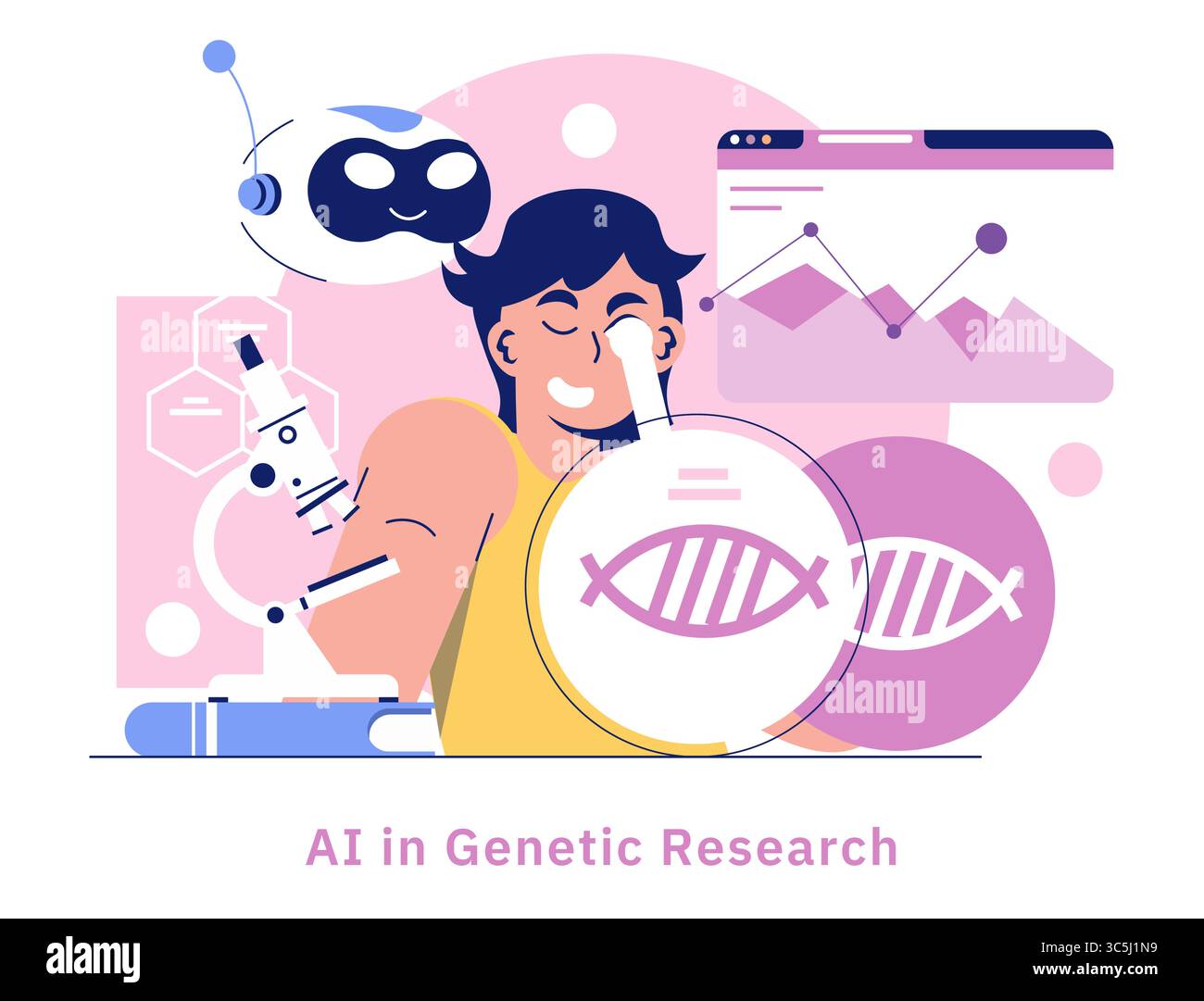 L'INTELLIGENZA ARTIFICIALE nella ricerca genetica illustra il ruolo trasformativo dell'intelligenza artificiale nell'esplorazione scientifica. La fusione di tecnologia e biologia migliora l'analisi dei dati e accelera le scoperte in genetica. Illustrazione Vettoriale