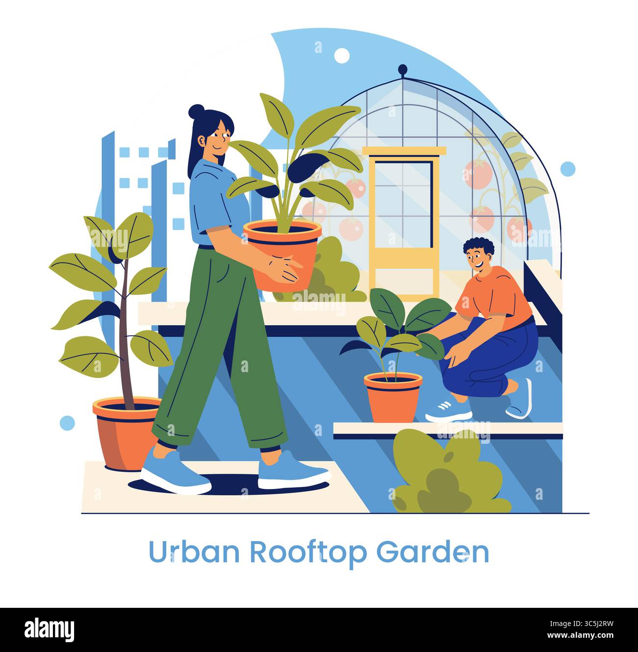 Illustrazione vettoriale di due persone impegnate nel giardinaggio urbano sul tetto. Uno porta una pianta in vaso mentre l'altro tende a una pianta, simboleggiando il lavoro di squadra e la cura dell'ambiente. Illustrazione Vettoriale