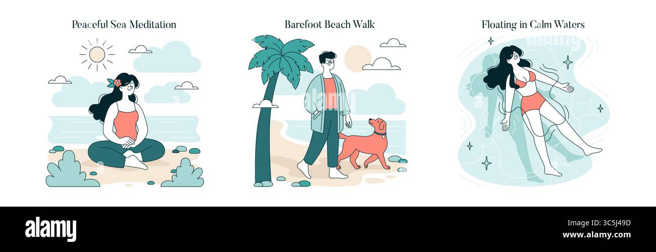 Set di tre illustrazioni vettoriali che mostrano il relax della spiaggia. Include meditazione in riva al mare, una passeggiata sul lungomare con un cane e un galleggiamento tranquillo in acque tranquille. Illustrazione Vettoriale