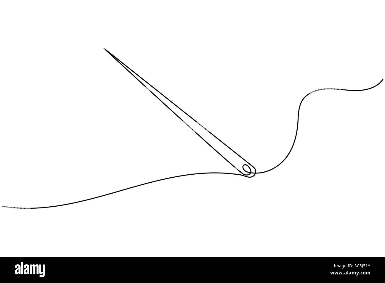 Ago con filettatura in stile di disegno continuo a una linea. Icona di cucito minimalista isolata su sfondo bianco Illustrazione Vettoriale