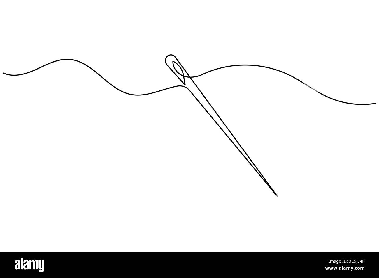 Ago con filettatura in stile di disegno continuo a una linea. Icona di cucito minimalista isolata su sfondo bianco Illustrazione Vettoriale