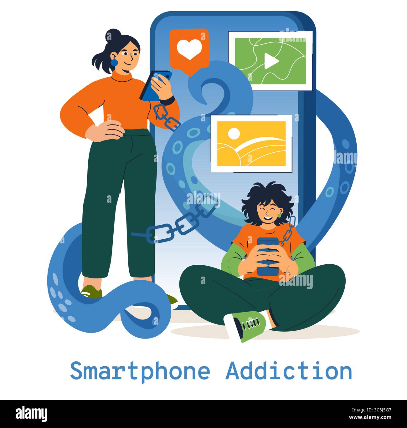 Dipendenza da smartphone illustrata con una donna in piedi con sicurezza e un uomo seduto, entrambi coinvolti con i loro dispositivi. L'immagine evidenzia la connessione emotiva e la dipendenza dalla tecnologia. Illustrazione vettoriale. Illustrazione Vettoriale