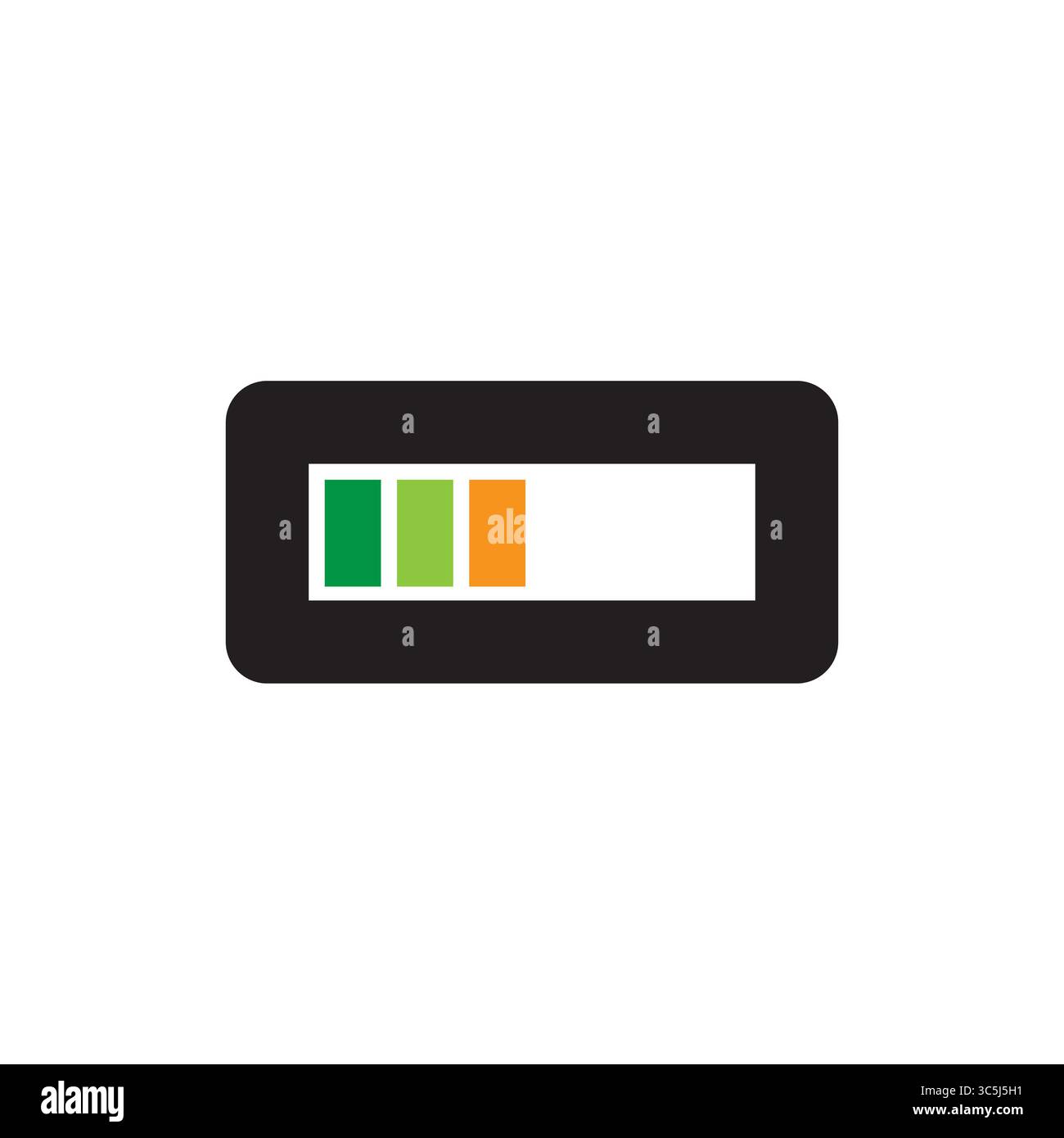 Indicatore del livello di carica della batteria. Simbolo della potenza di carica. Barre verdi arancioni. Visualizzazione dell'energia vettoriale. Illustrazione Vettoriale