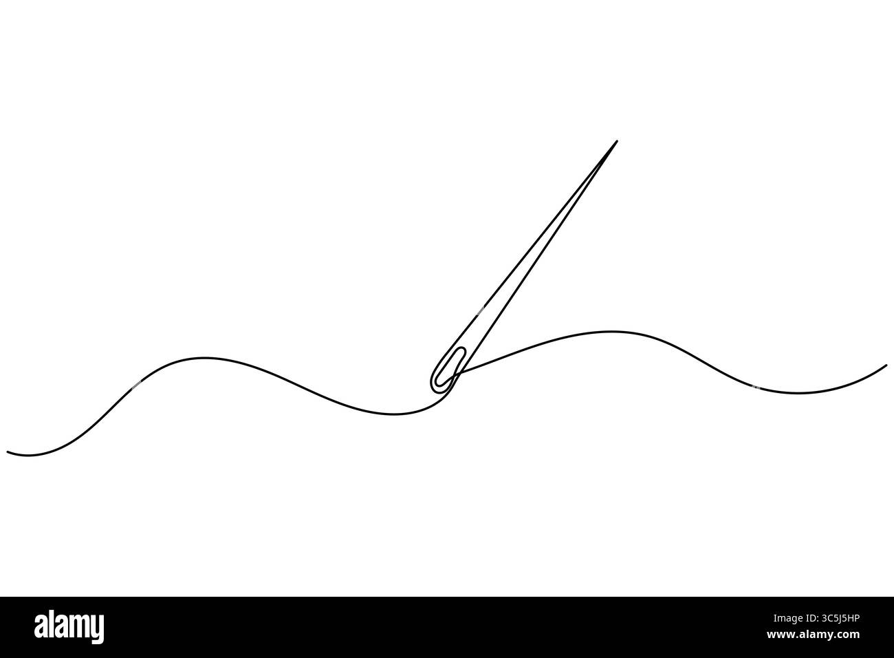 Ago con filettatura in stile di disegno continuo a una linea. Icona di cucito minimalista isolata su sfondo bianco Illustrazione Vettoriale