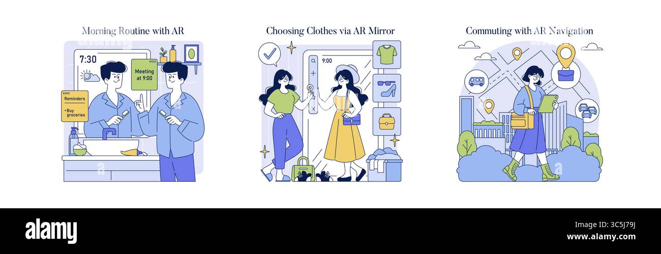 Illustrazione vettoriale che mostra un uomo che interagisce con la realtà aumentata per i promemoria, una donna che seleziona gli abiti tramite lo specchio AR e una donna che si sposta utilizzando la navigazione AR su un dispositivo. Illustrazione Vettoriale