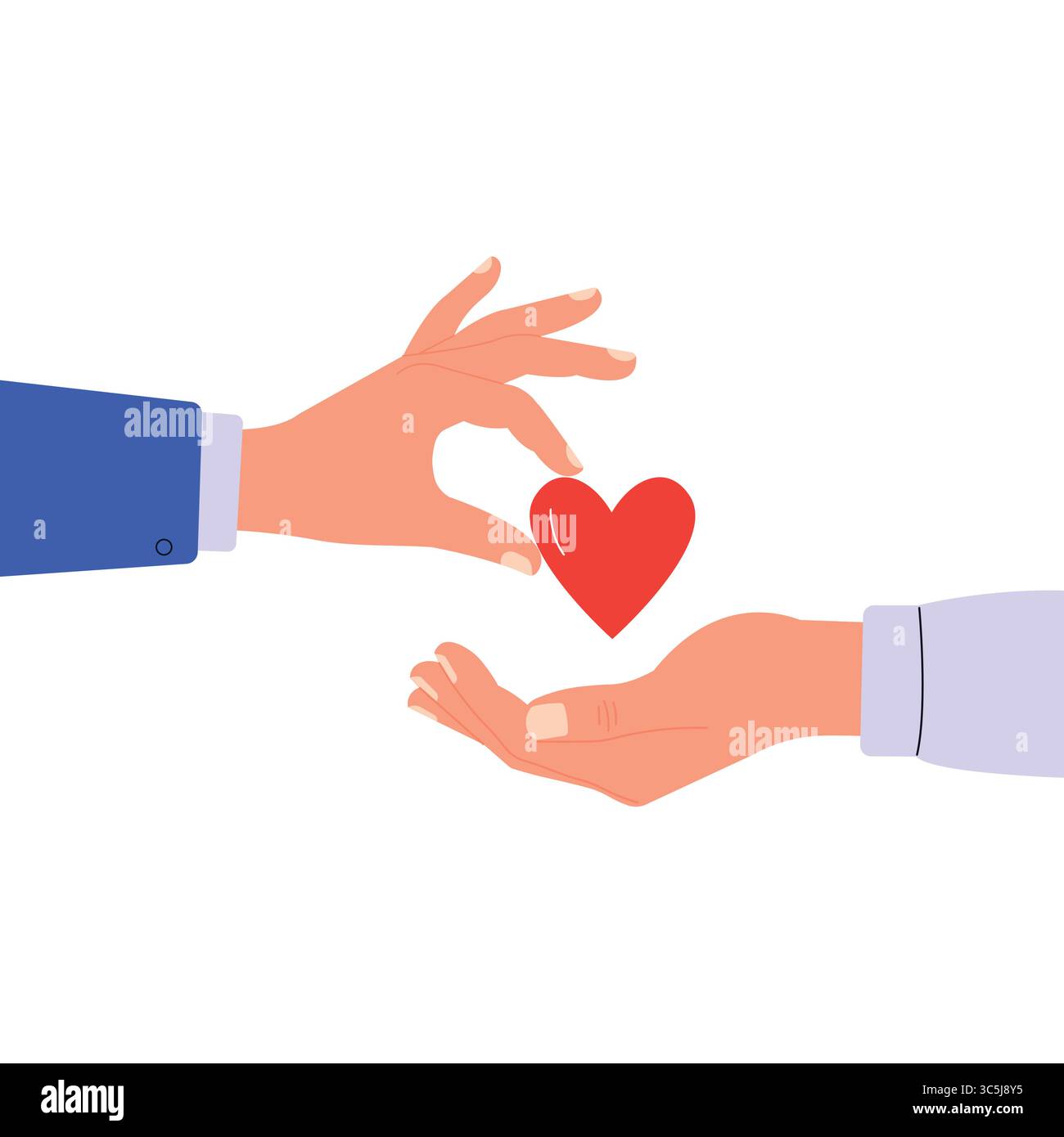 Mano che dà il cuore rosso a un'altra mano concetto di amore e supporto scambio vettoriale illustrazione. Illustrazione Vettoriale