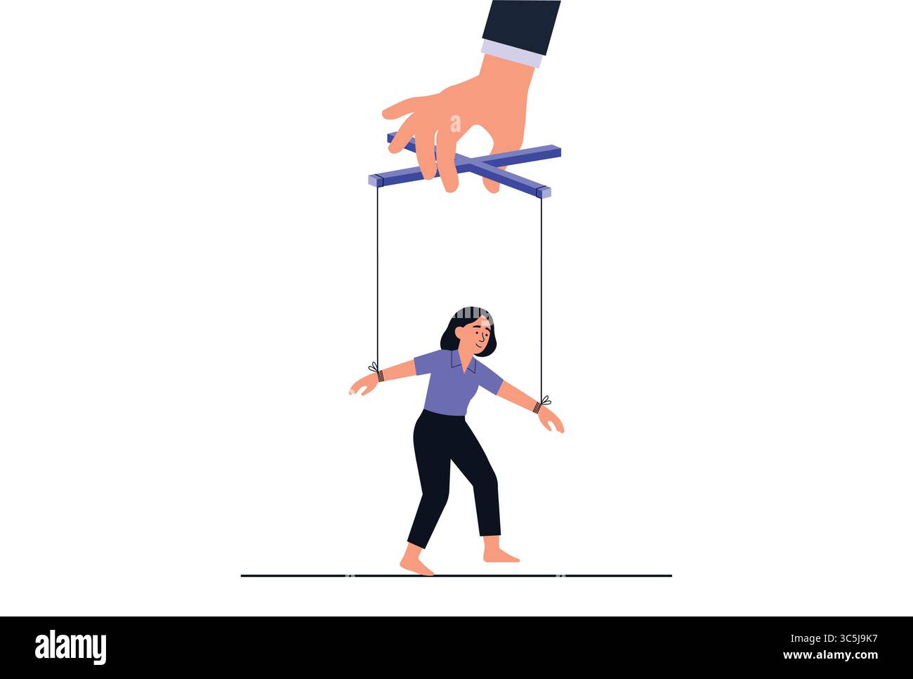 Donna controllata dalla mano gigante del burattino, illustrazione del vettore di concetto di manipolazione e controllo. Illustrazione Vettoriale
