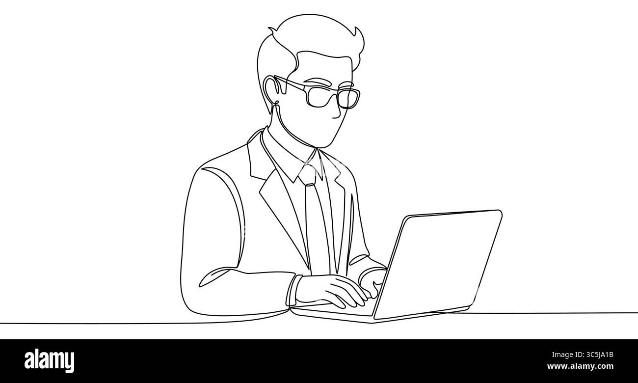 Uomo nero che lavora su un notebook in stile grafico con una sola linea. Uomo che disegna con tratto modificabile su sfondo bianco. Illustrazione vettoriale. Illustrazione Vettoriale