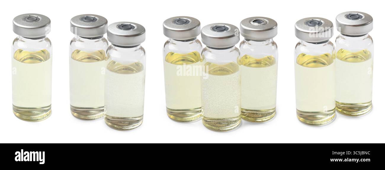 Vaccino in fiale isolate su bianco, set Foto Stock