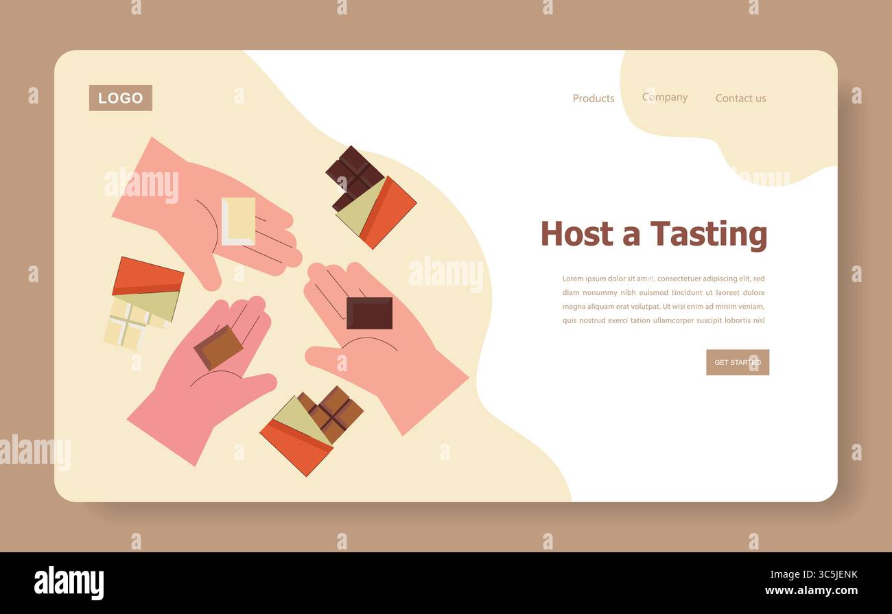 Mani che tengono e condividono varie tavolette di cioccolato in un layout accattivante progettato per una pagina Web di degustazione di eventi. Illustrazione vettoriale ideale per materiale pubblicitario e promozionale. Illustrazione Vettoriale