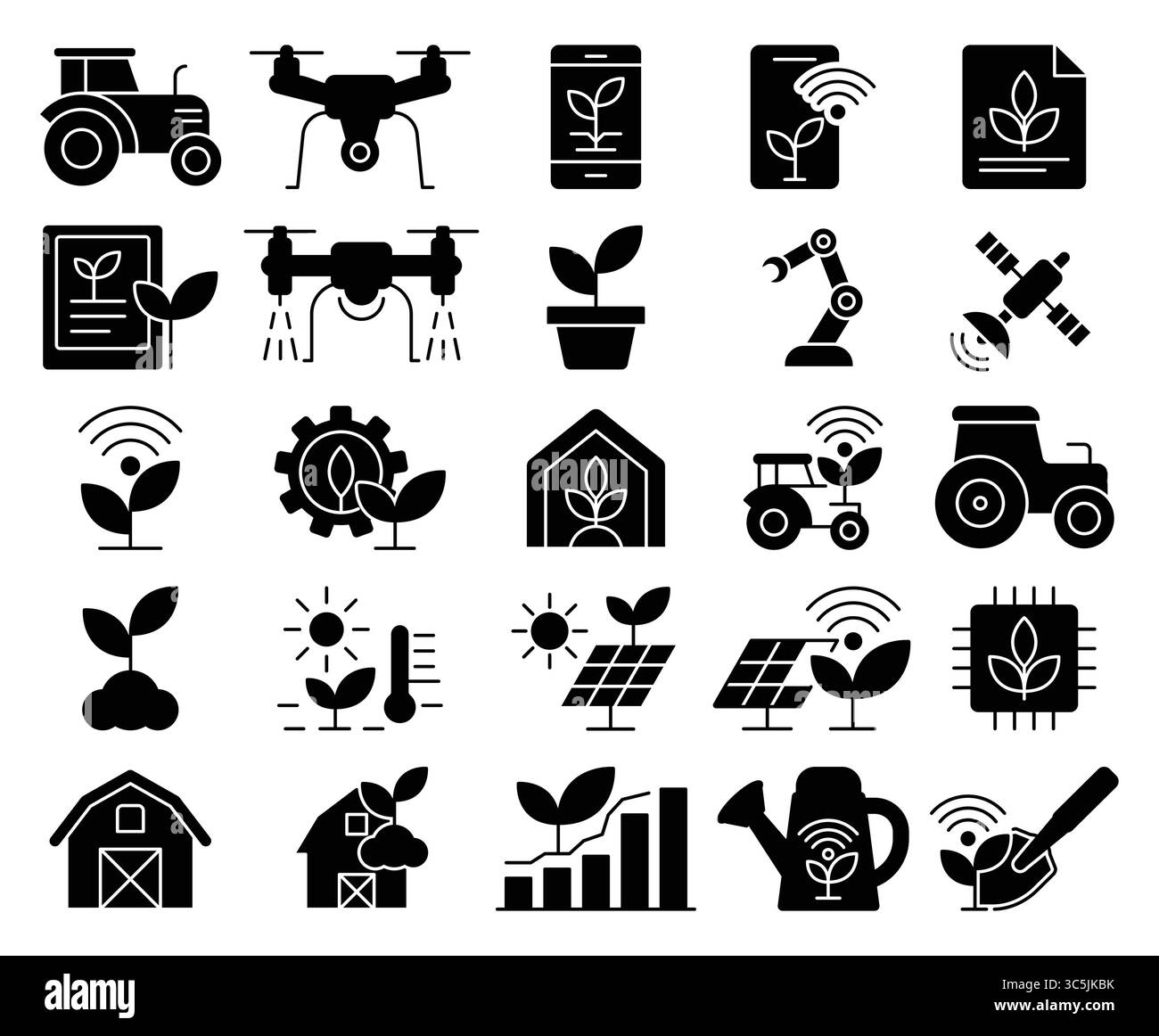 Una raccolta di icone che rappresentano la tecnologia agricola, che mostrano innovazioni come droni, sensori e pratiche agricole sostenibili per il moderno Illustrazione Vettoriale