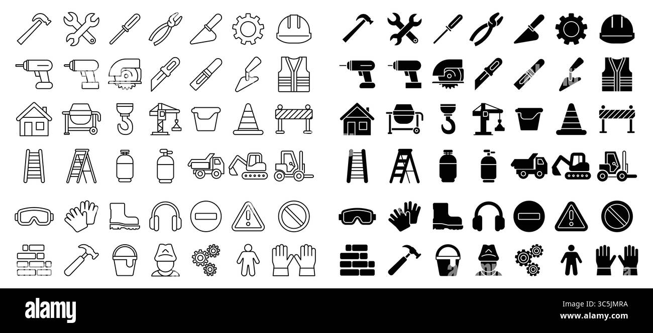 Set di strumenti da costruzione e icone di sicurezza in bianco e nero. Ideale per la rappresentazione di varie attività edili, attrezzature e protocolli di sicurezza dei lavoratori Illustrazione Vettoriale