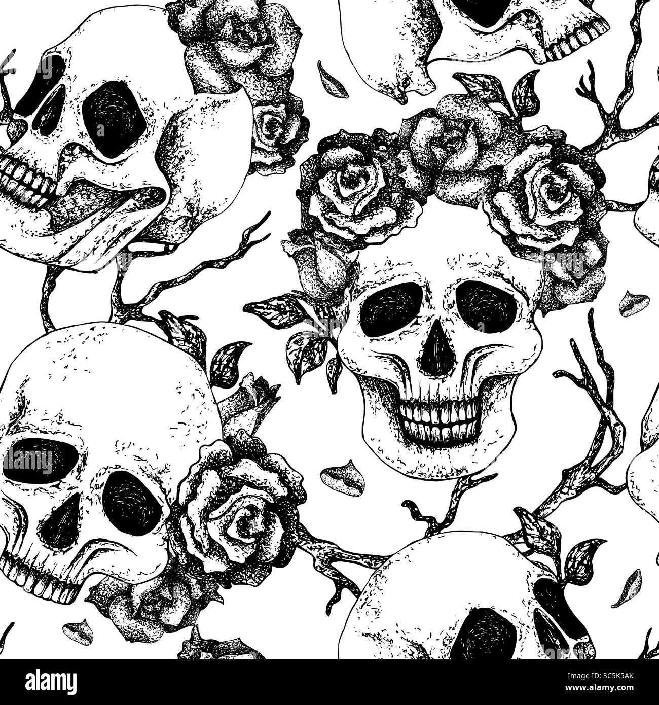 Teschi con rose, rami senza cuciture. Illustrazione grafica vettoriale per Halloween, Day of the Dead con sfondo bianco. Per imballaggi, tessili Illustrazione Vettoriale