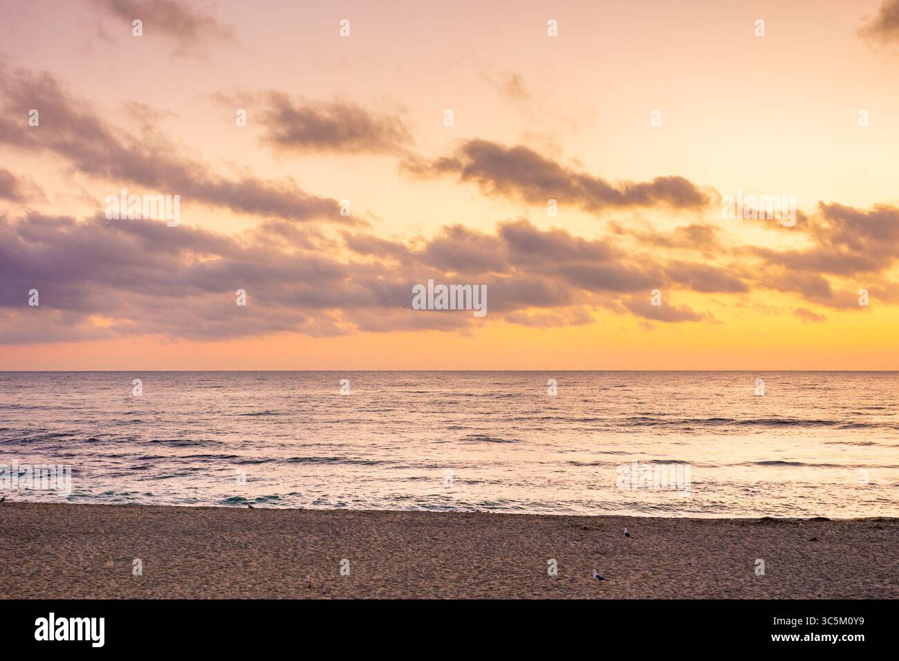 marea sulla spiaggia in estate. l'arancio illumina il cielo con nuvole all'alba. splendida condizione naturale prima dell'alba. tempo drammatico a golden hou Foto Stock