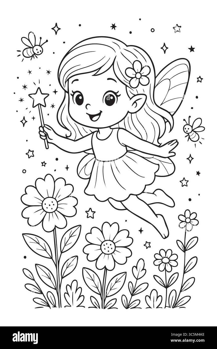 Contorno nero del personaggio delle fate per la pagina da colorare dei bambini, circondato da fiori e stelle. concetto di creatura magica, attività per bambini, fantasia Illustrazione Vettoriale