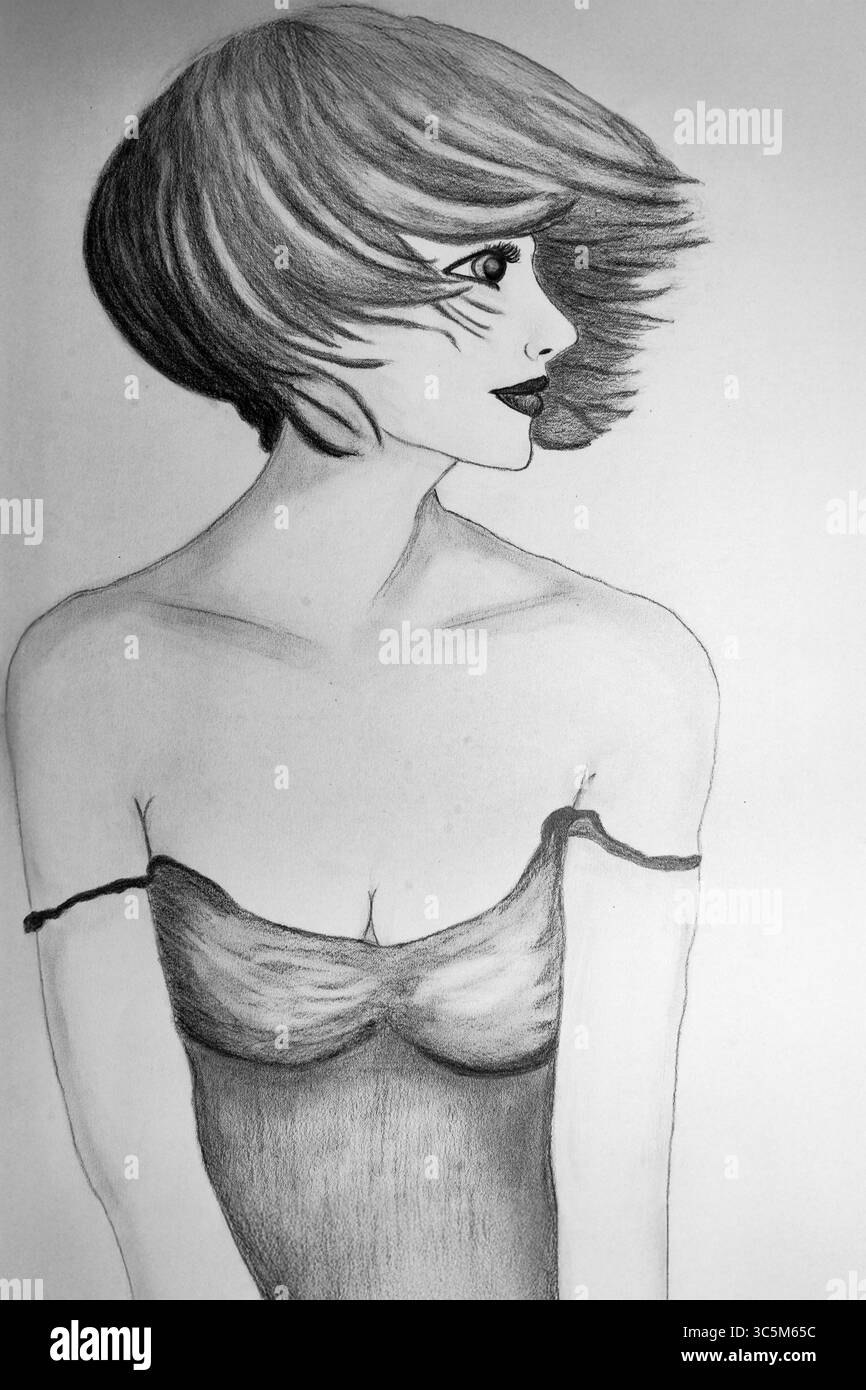 Questo ritratto manga stilizzato raffigura una donna con occhi espressivi e un flusso dinamico dei capelli. Foto Stock