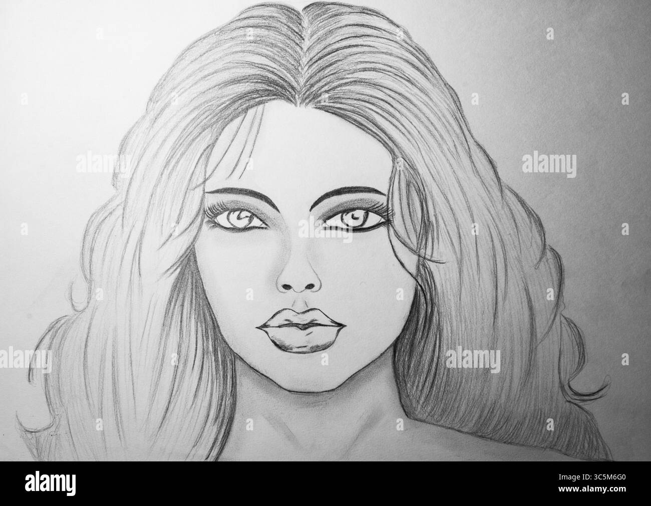 Questa illustrazione monocromatica presenta un volto di donna espressivo che testimonia l'arte dettagliata e la bellezza accattivante. Foto Stock