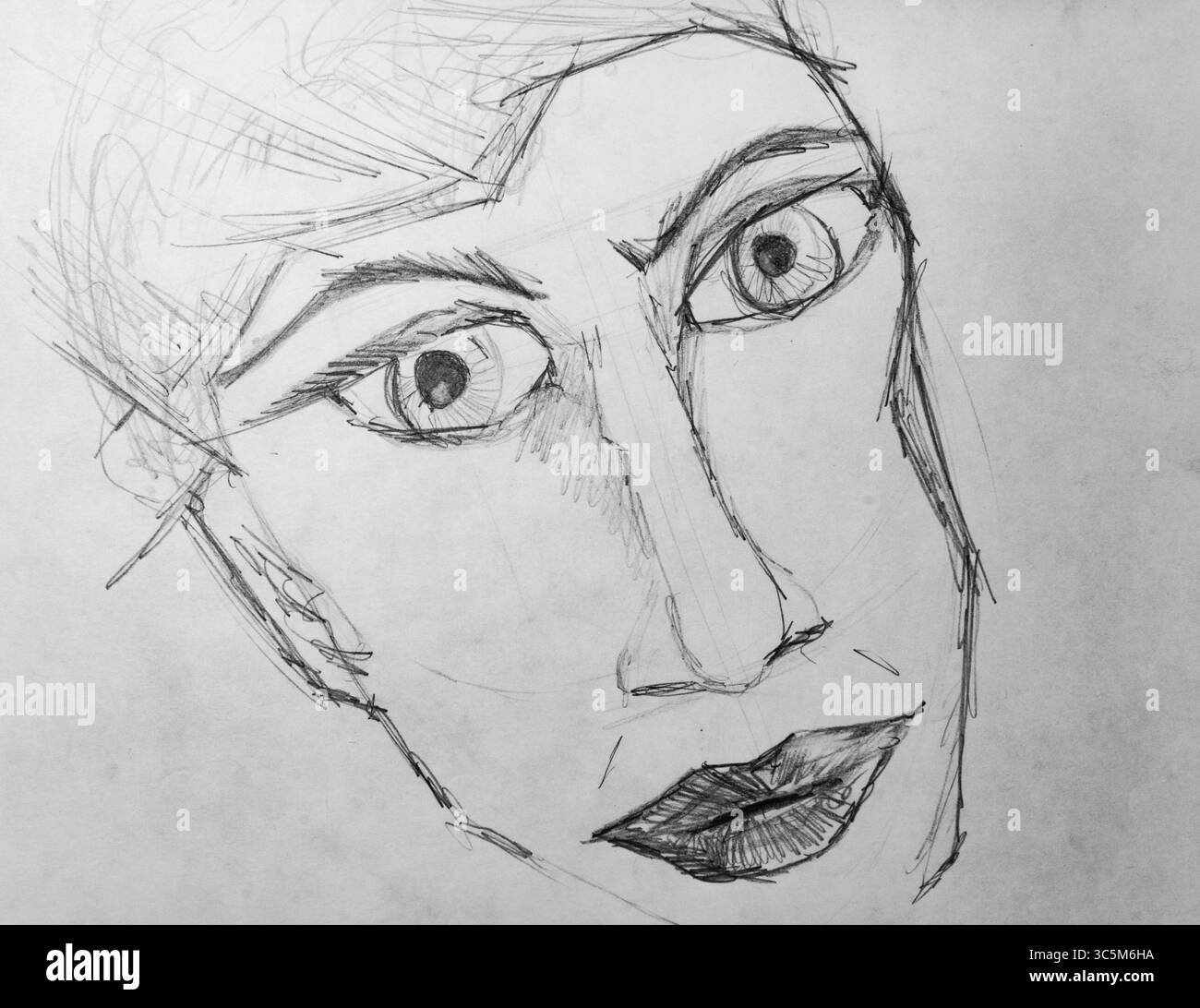 Un moderno schizzo di grafite mette in risalto elementi facciali unici che mostrano arte contemporanea ed espressione creativa. Foto Stock