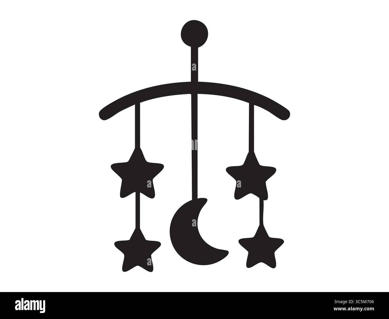 Silhouette nera della culla mobile con stelle e luna isolate su sfondo bianco. concetto di arredamento per bambini, giostrina per neonati, icona dell'ora della notte, bambini Illustrazione Vettoriale
