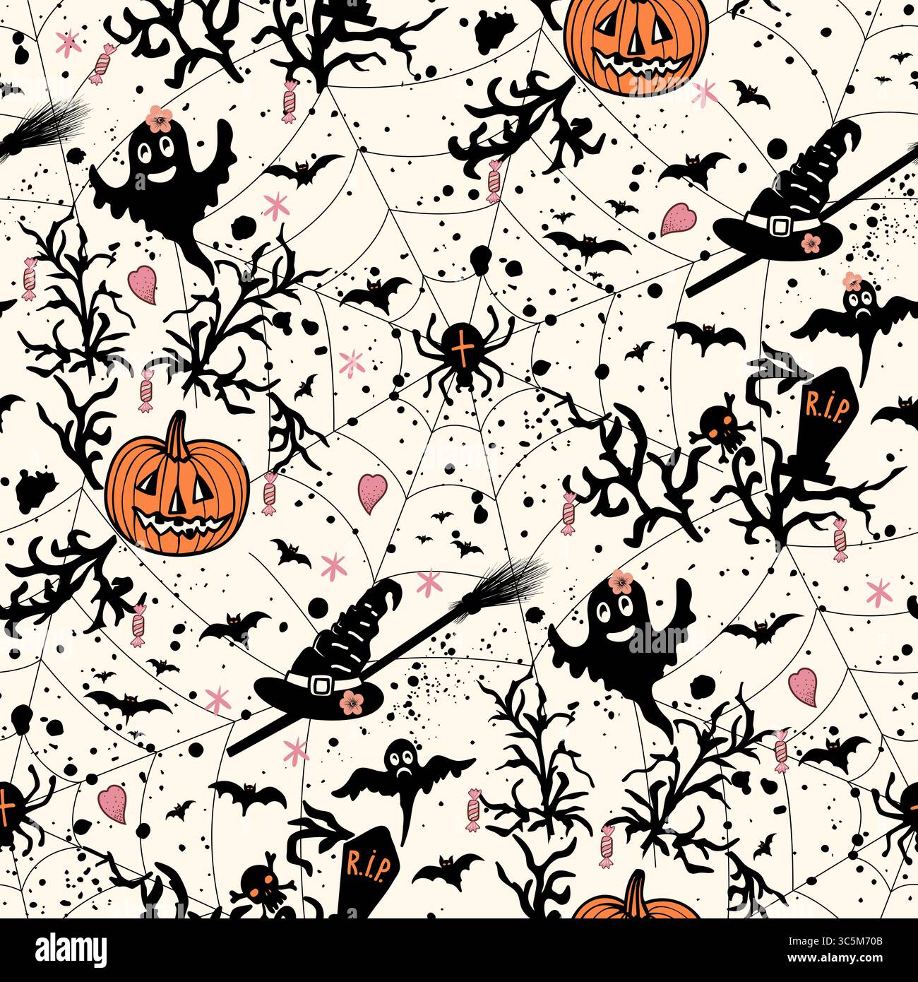 Modello vettoriale di Halloween con zucche, ragni, fantasmi, pipistrelli. Sfondo spettrale perfetto per halloween Illustrazione Vettoriale