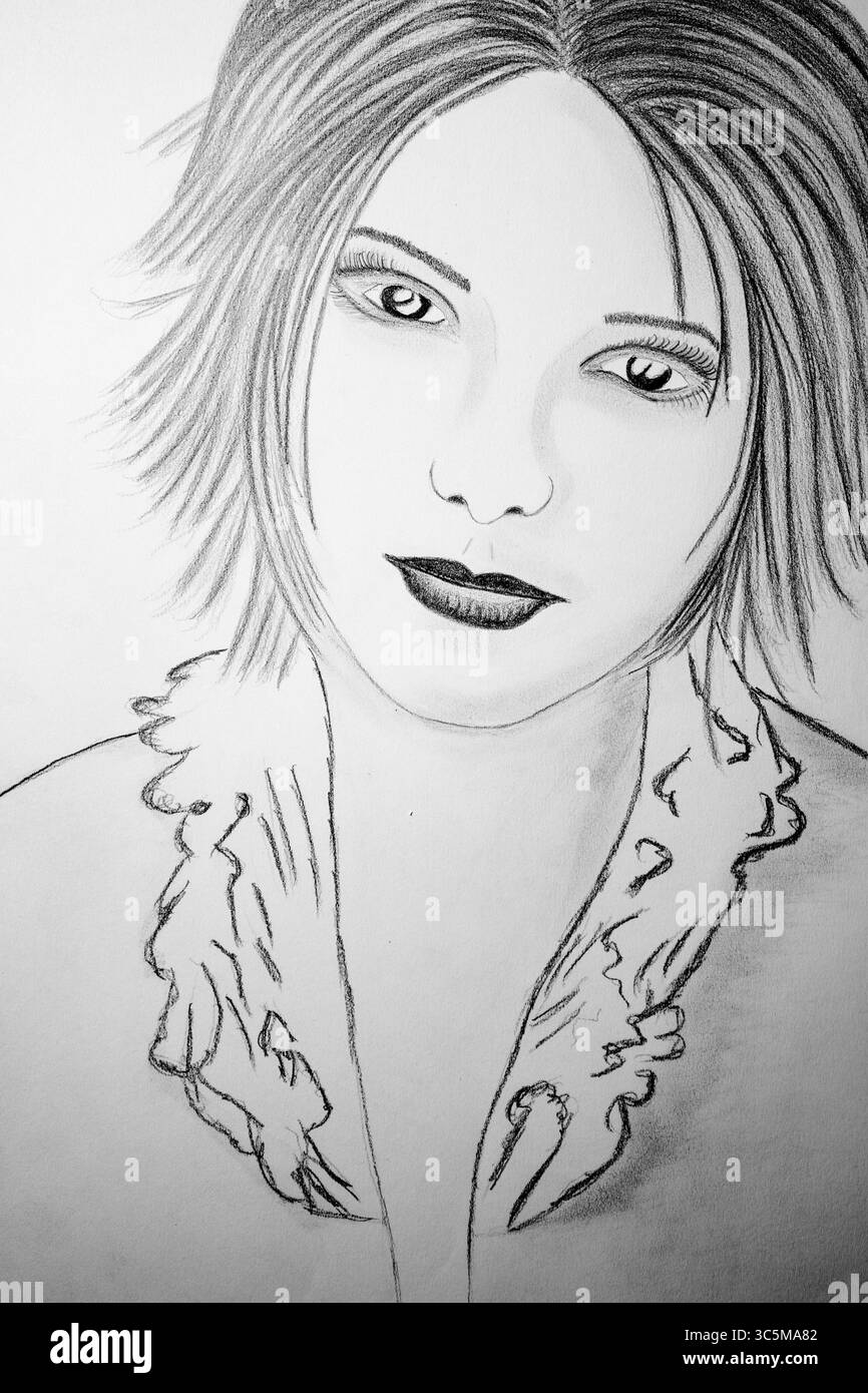 Questo ritratto manga stilizzato raffigura una donna con occhi espressivi e un flusso dinamico dei capelli. Foto Stock