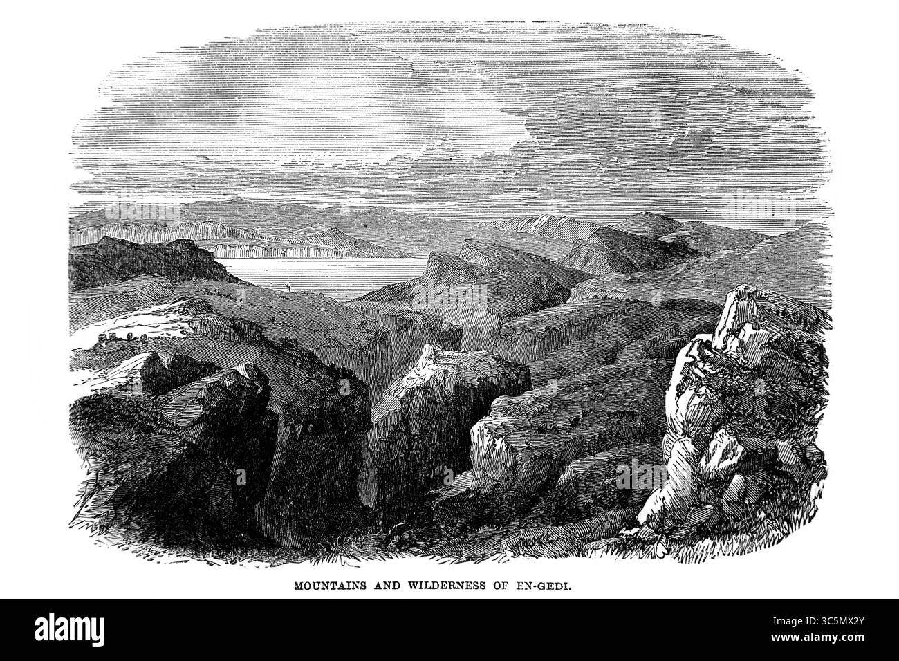 Illustrazione delle Montagne e della natura selvaggia di EN-Gedi dall'Antico XIX secolo la Sacra Bibbia contenente l'Antico e il nuovo Testamento con Explanato Foto Stock