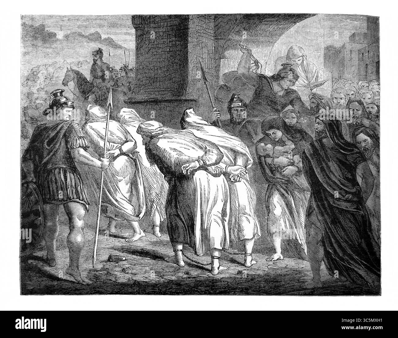 Illustrazione del popolo di Nathali portato in cattività dagli Assiri (Re) dall'Antico XIX secolo la Sacra Bibbia contenente il Vecchio e il Foto Stock