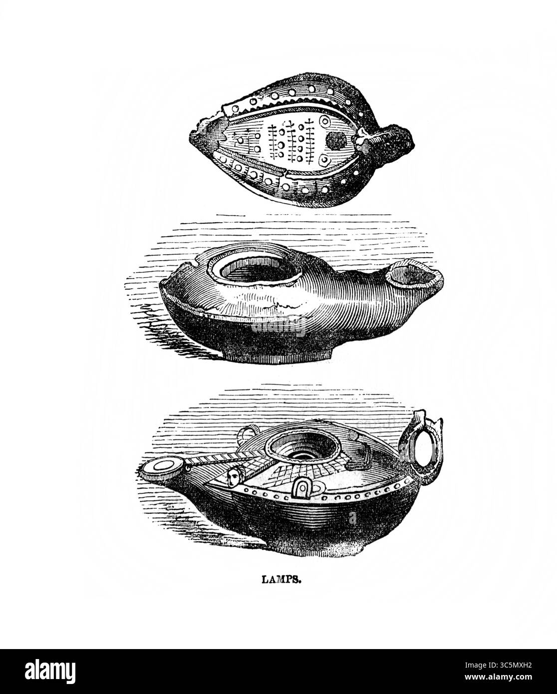 Illustrazione di lampade ad olio utilizzate durante l'Antico Testamento in tempi biblici dall'Antico XIX secolo la Sacra Bibbia contenente l'Antico e il nuovo Testamento con Foto Stock