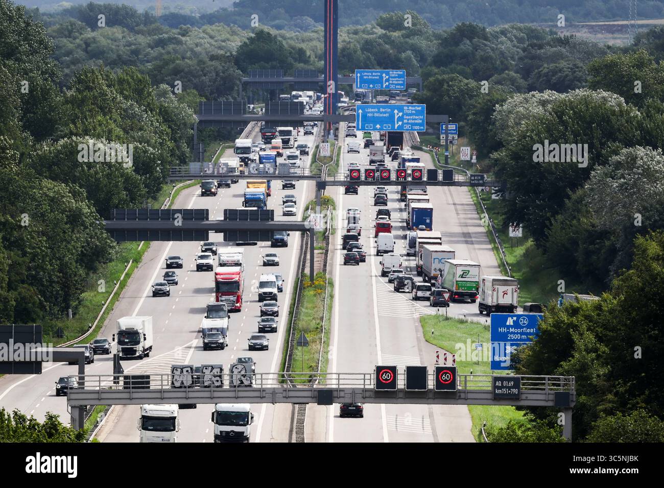 Amburgo, Germania. 30 luglio 2025. Il traffico scorre lentamente sull'autostrada A1 sul ponte Norderelb tra lo svincolo Norderelbe e lo svincolo Amburgo-Südost. Credito: Christian Charisius/dpa/Alamy Live News Foto Stock