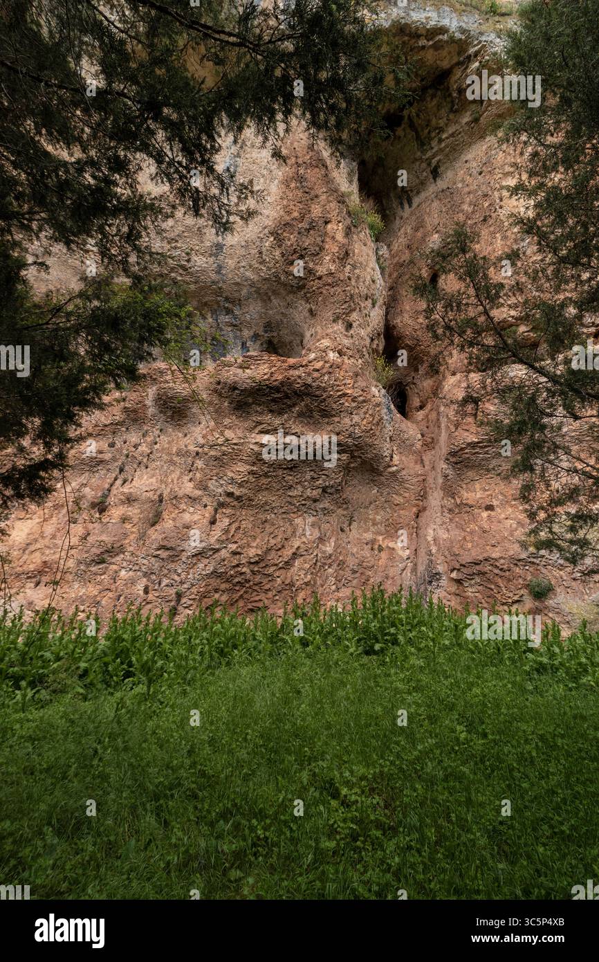 Vista panoramica di una montagna rocciosa con una piccola grotta, che si affaccia su un vibrante paesaggio verde di erba e vegetazione Foto Stock