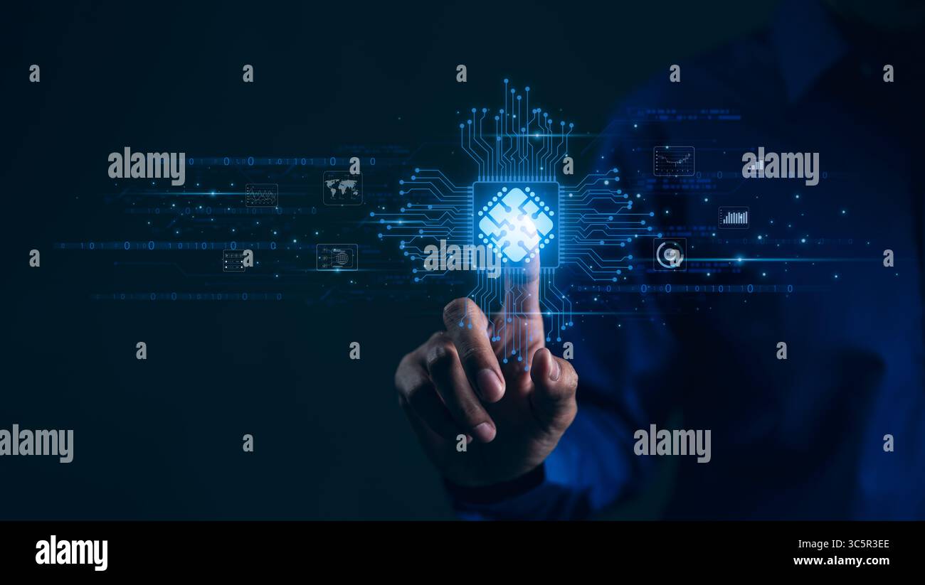 Uomo d'affari che tocca il chip CPU dell'unità di elaborazione centrale con la scheda elettronica. Intelligenza artificiale AI, tecnologia per le aziende, Foto Stock