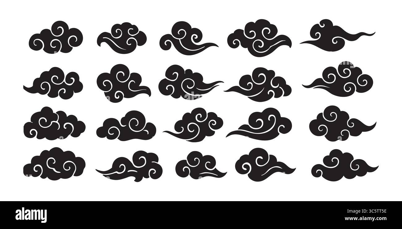 Le icone del motivo nuvola giapponese in stile minimal giapponese offrono un design vettoriale con silhouette e un tocco moderno. Forme astratte piatte evocano nebbia o brezza Illustrazione Vettoriale