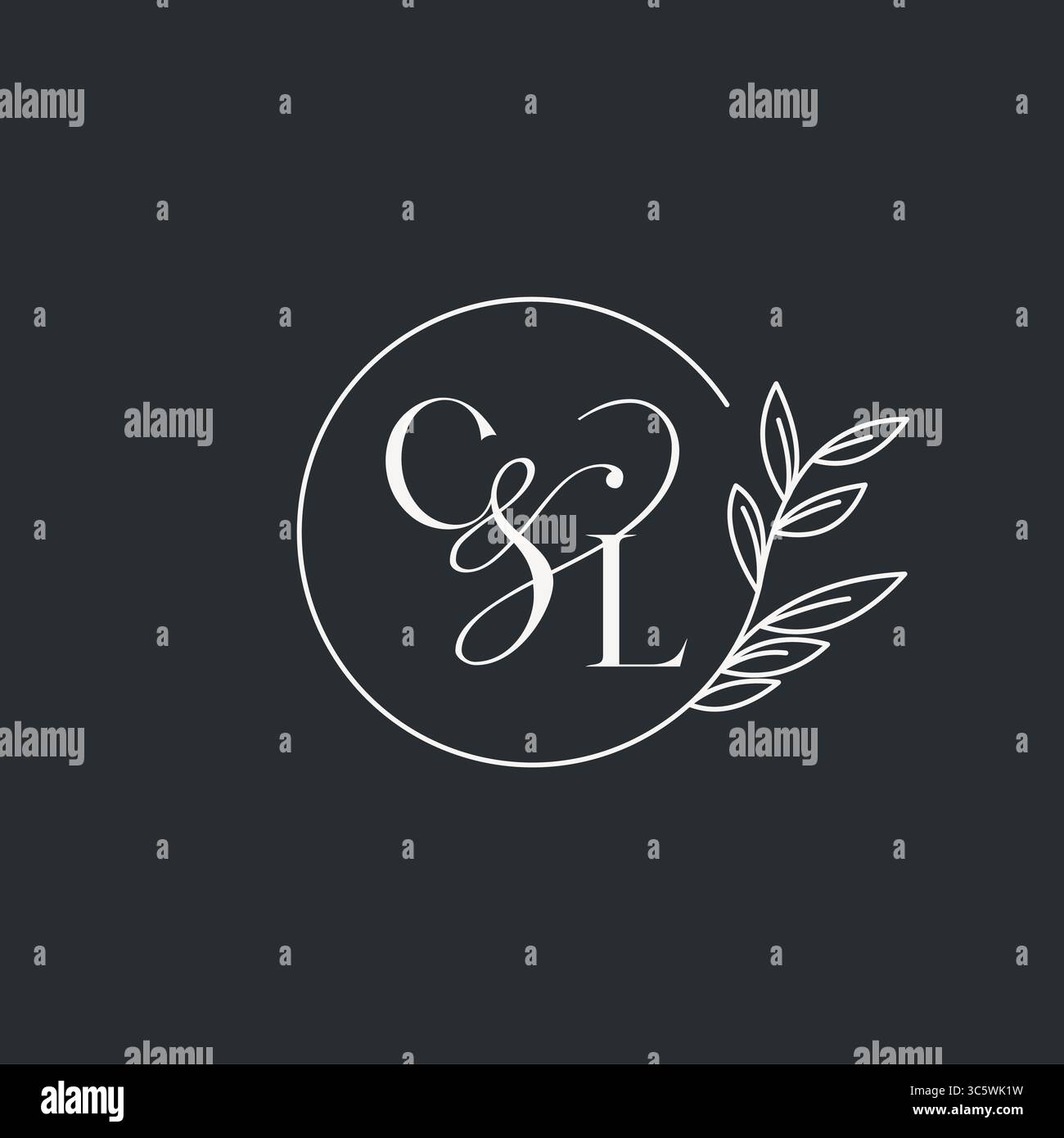 Design CL iniziale monogramma nuziale in uno stile elegante e minimalista con linee circolari e grafica vettoriale con rami a foglia Illustrazione Vettoriale