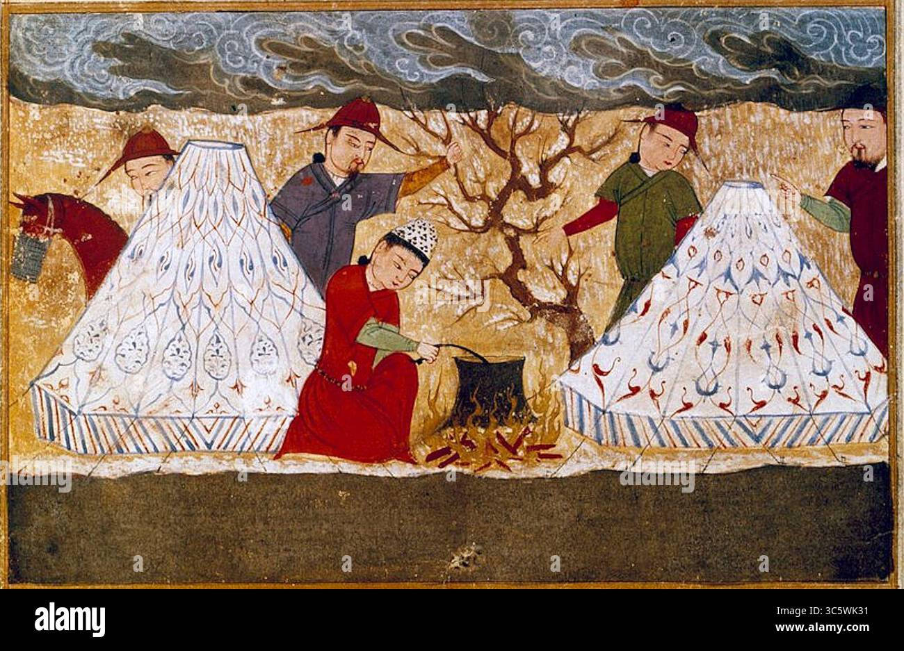 Mongoli che cucinano miniature persiane prese da Jami al-tawarikh (Jami al tawarikh) o storia universale dallo storico Rashid al-din (al din) (1247-1318) intorno al 1430. Paris, B.N (miniatura). Foto Stock