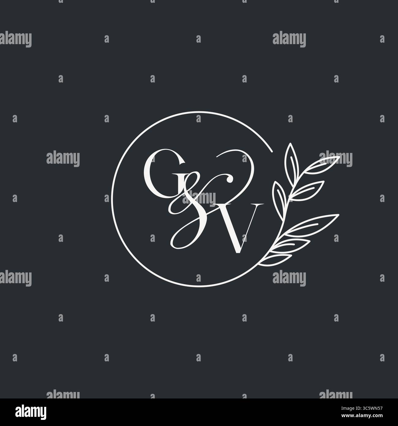 Design GV iniziale monogramma per matrimoni in uno stile elegante e minimalista con linee circolari e grafica vettoriale con rami a foglia Illustrazione Vettoriale