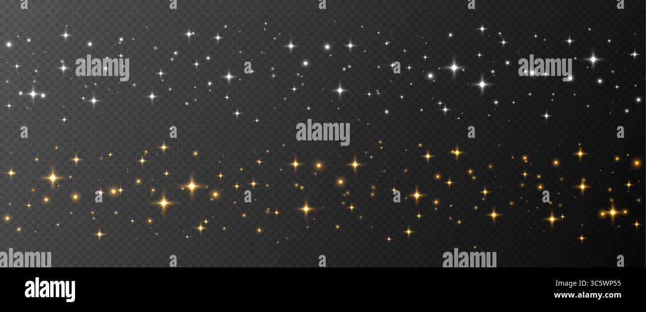 Striscia di stelle scintillanti senza cuciture, effetto luminoso con particelle lucenti, sfondo trasparente Flying stardust Illustrazione Vettoriale