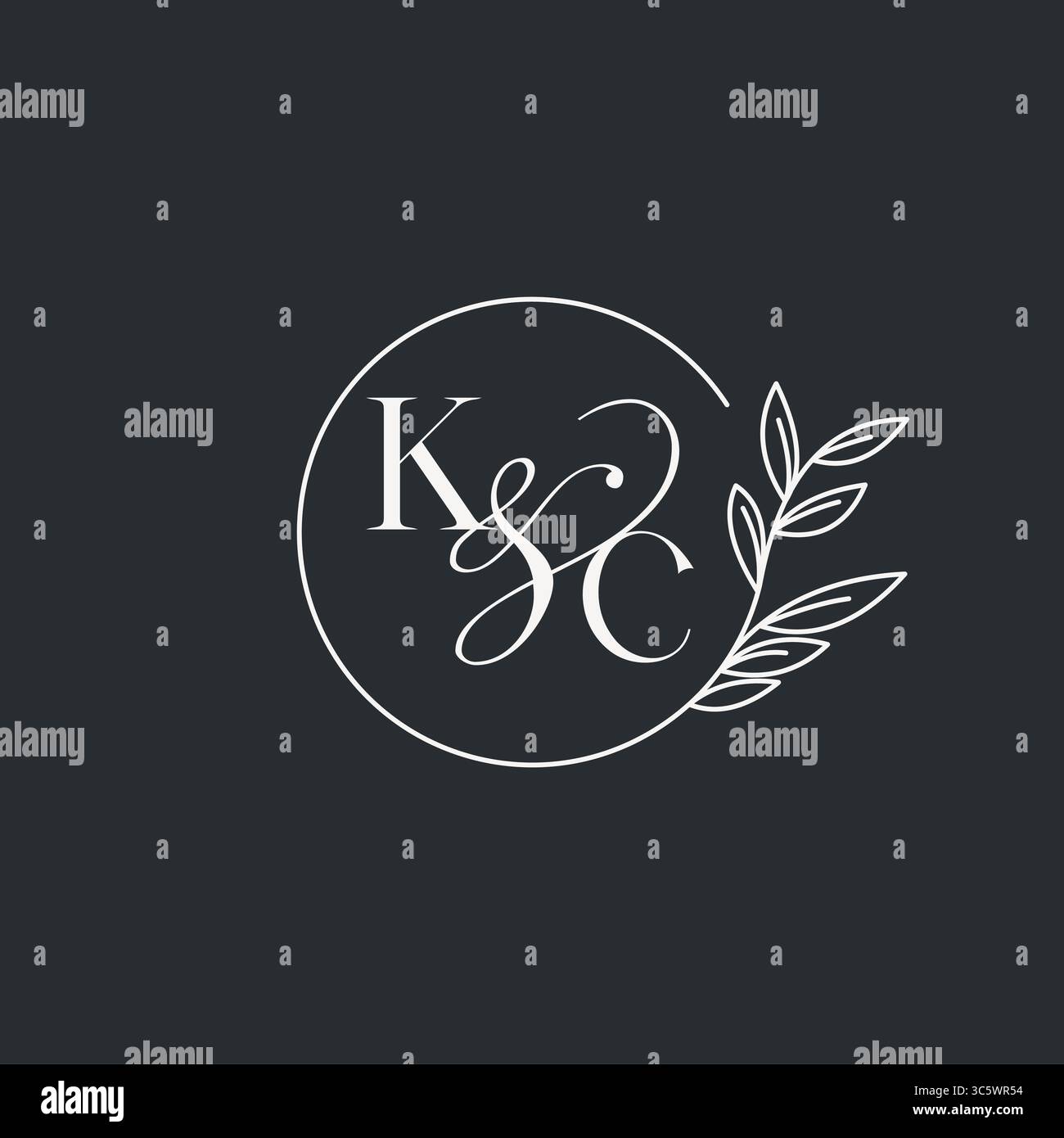 Design KC iniziale a monogramma nuziale in uno stile elegante e minimalista con linee circolari e grafica vettoriale con rami a foglia Illustrazione Vettoriale
