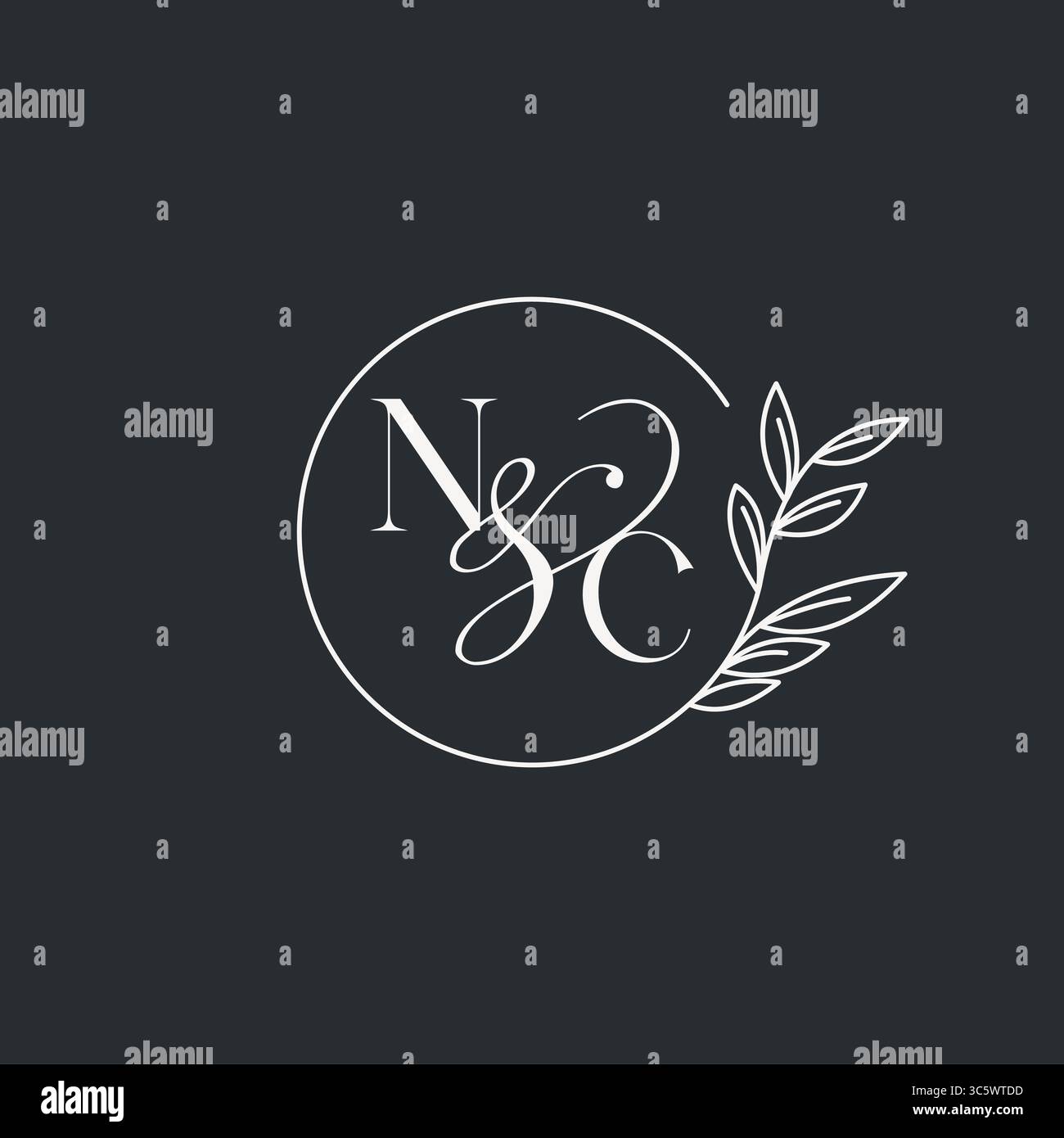 Design NC iniziale monogramma per matrimoni in uno stile elegante e minimalista con linee circolari e grafica vettoriale con rami a foglia Illustrazione Vettoriale