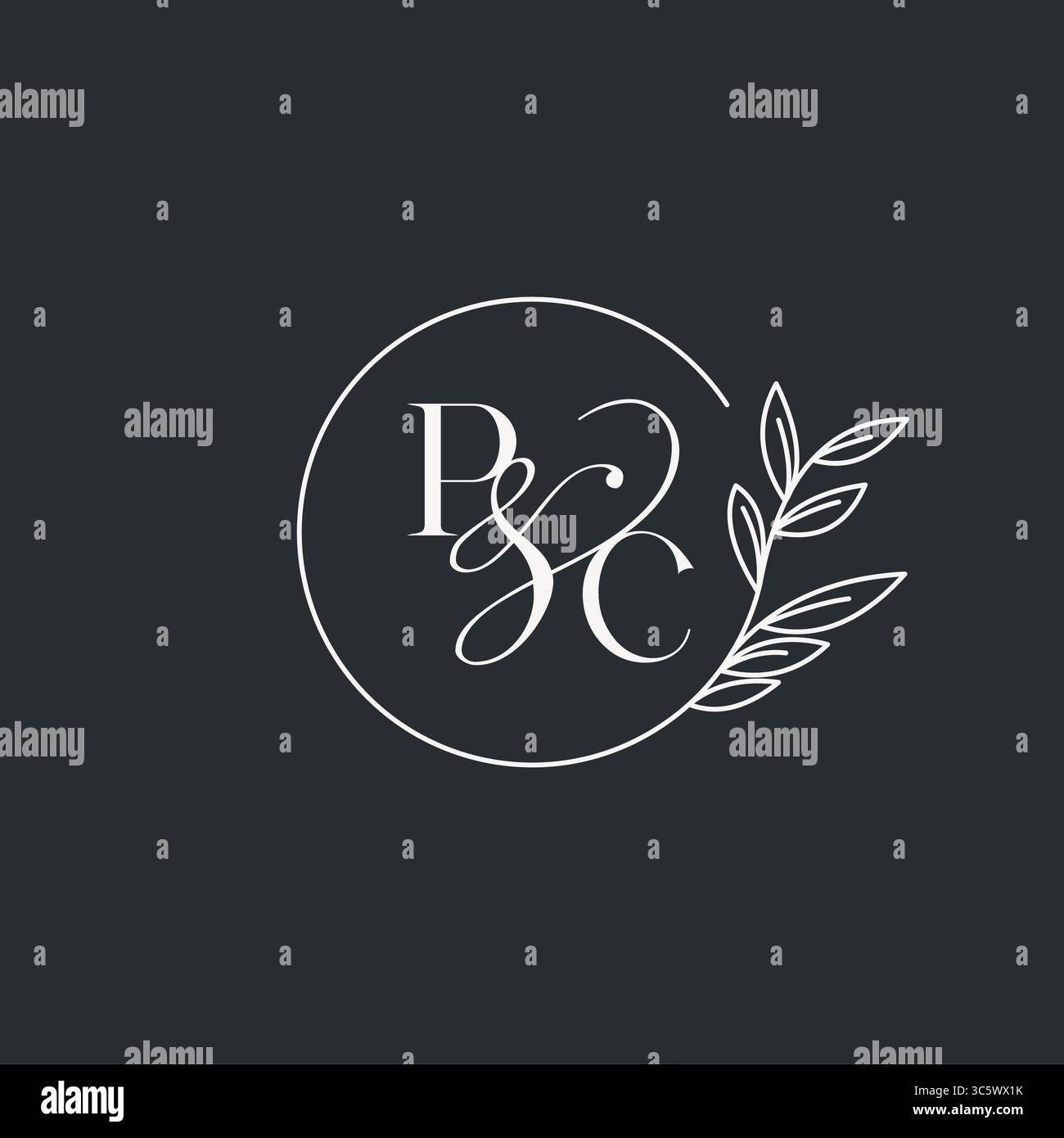 Design iniziale del PC con monogramma per matrimoni in uno stile elegante e minimalista con linee circolari e grafica vettoriale con rami a foglia Illustrazione Vettoriale