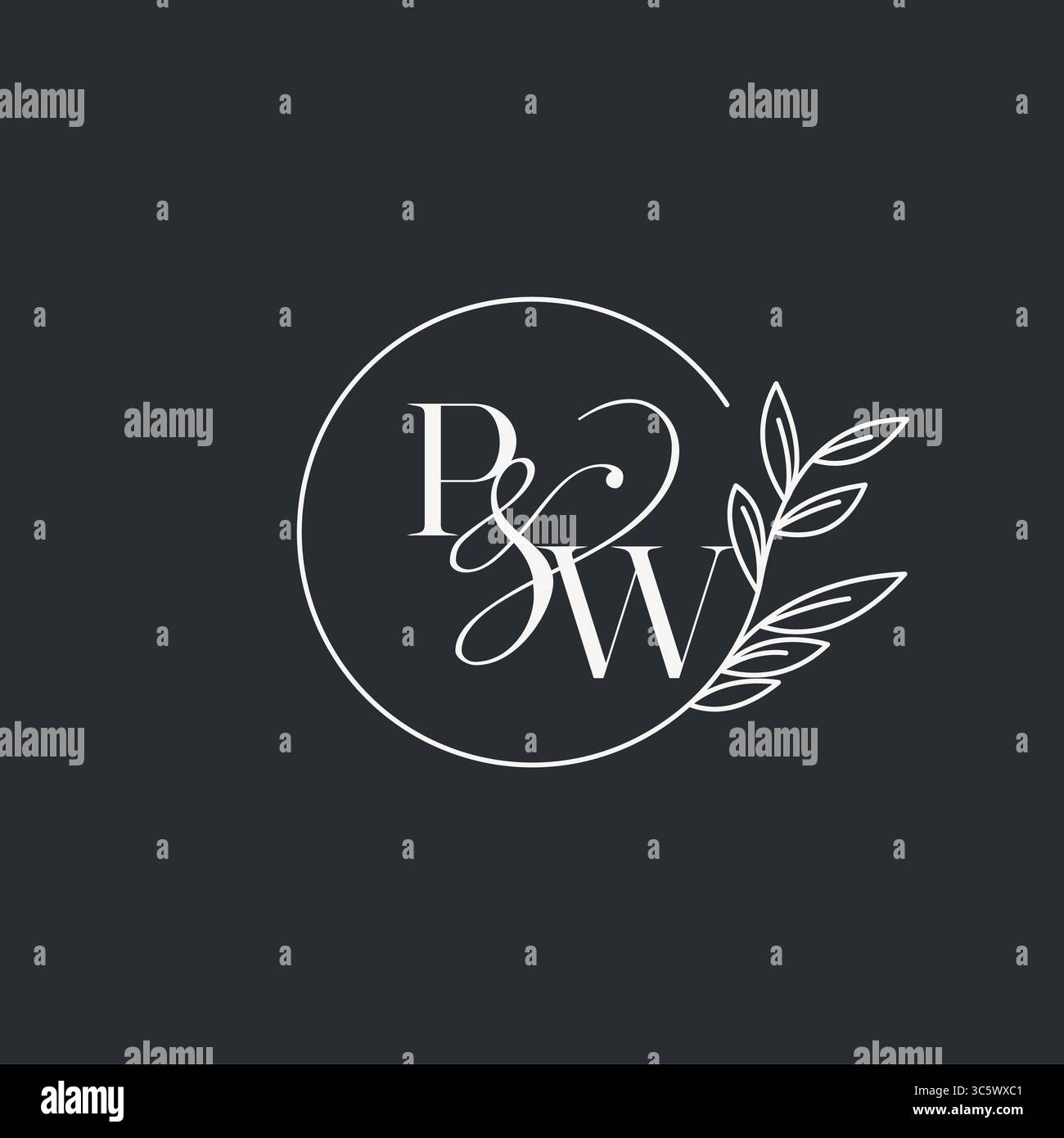 Design PW iniziale a monogramma nuziale in uno stile elegante e minimalista con linee circolari e grafica vettoriale con rami a foglia Illustrazione Vettoriale