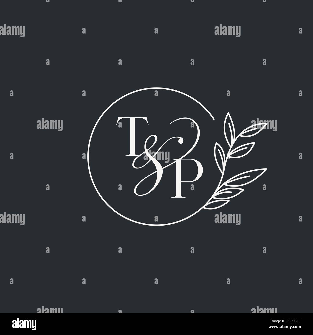 Design iniziale TP monogramma per matrimoni in uno stile elegante e minimalista con linee circolari e grafica vettoriale con rami a foglia Illustrazione Vettoriale