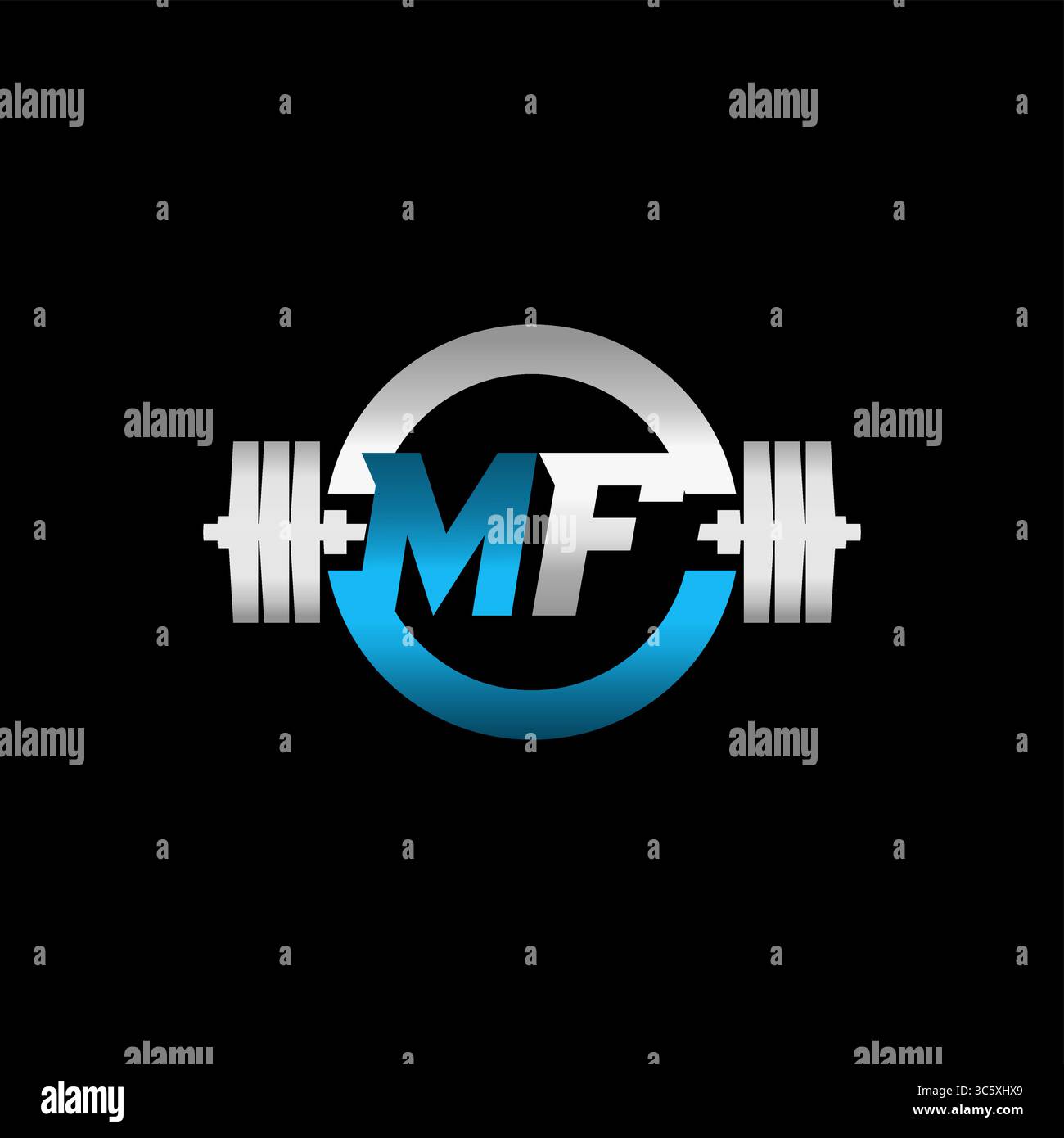 Lettera iniziale MF con logo fitness Gym e grafica vettoriale Dumbbell e Circle Illustrazione Vettoriale