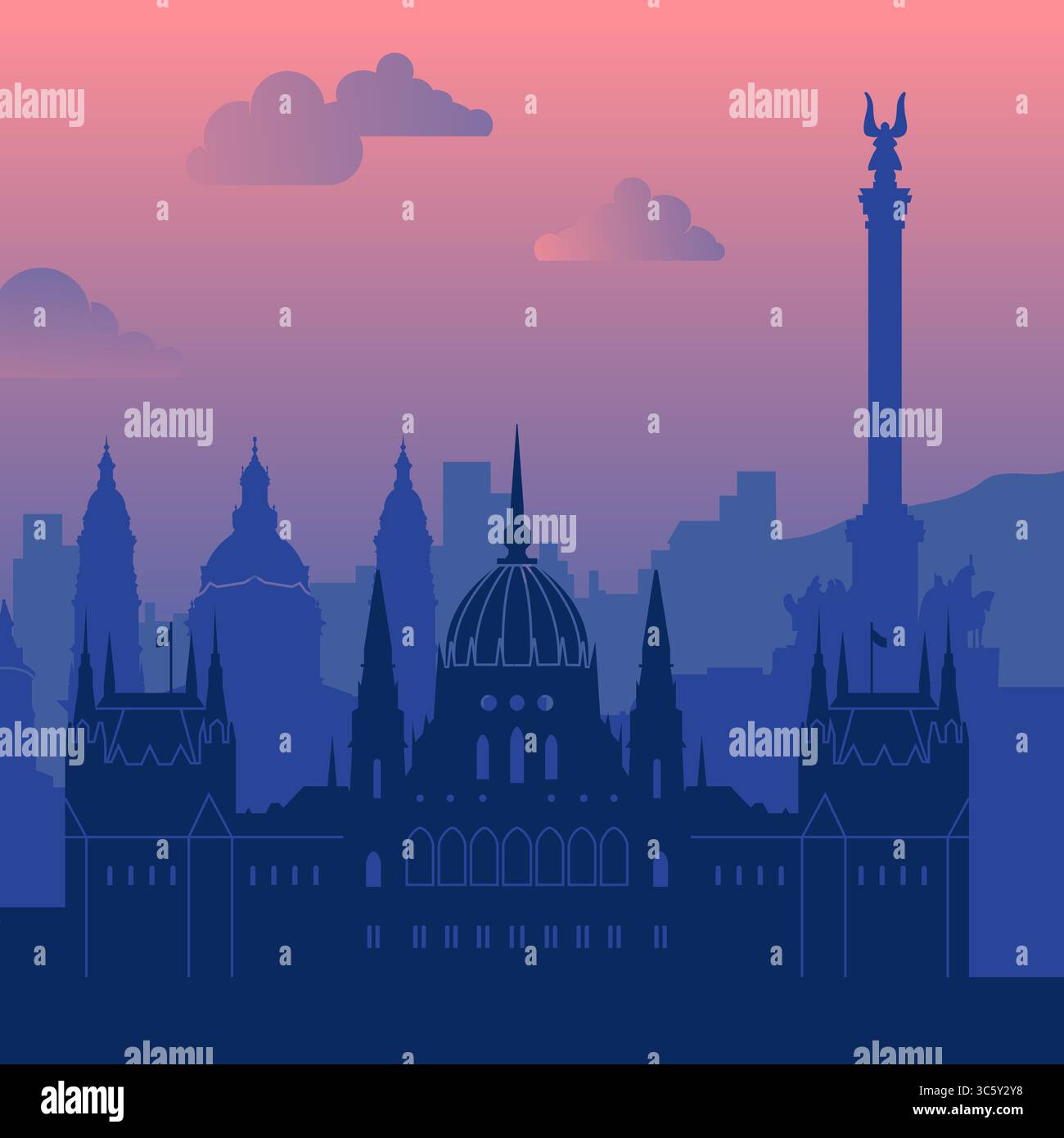 La splendida sagoma di una città storica e maestosa al tramonto è davvero incantevole Illustrazione Vettoriale